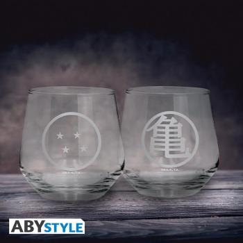 DRAGON BALL - 2 Glasset Kame & Dragon Ball Dieses wunderbare Glasset von ABYstyle zeigt emblematische Elemente des Dragon Ball-Universums mit dem Kame-Symbol und dem 4-Sterne-Drachenball.